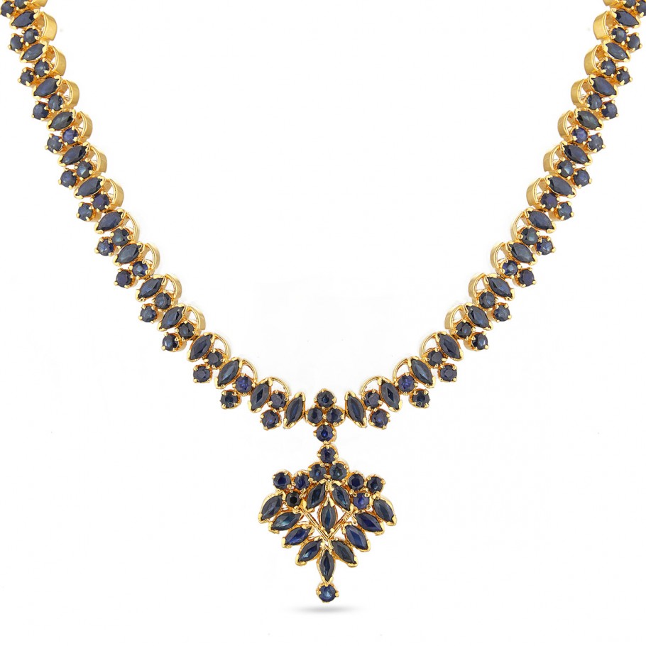 One Gram Gold Palakka Blue Pulinegam with Ruby Red Kemp Stone Necklace  MG-1157 - Mahitham Jewellery