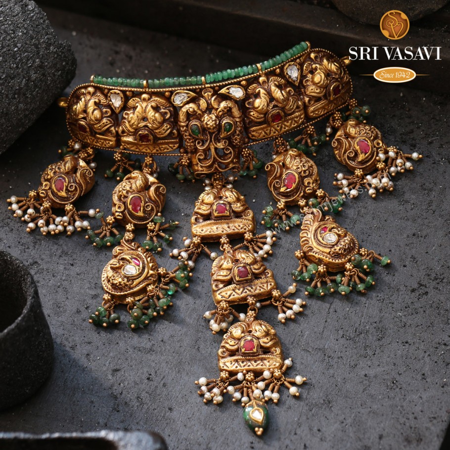 Gold Antique Choker Maharashtrian Tushi Necklace - Vintage Bridal Set –  Niscka
