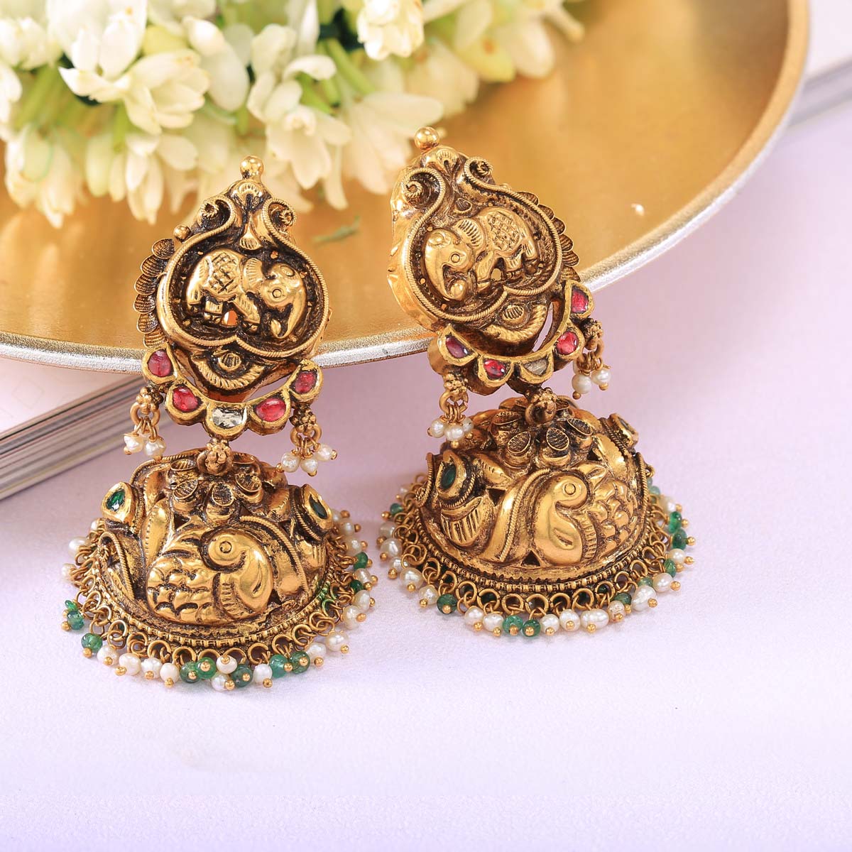 Blue pearl flower dangler antique golden earrings at ₹950 | Azilaa